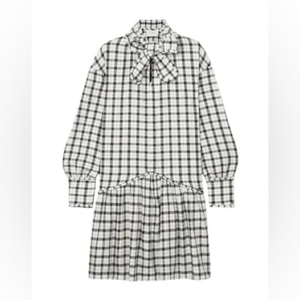 NWOT MUNTHE Tie-neck Ruffled Checked Cotton Dress - Picture 7 of 12